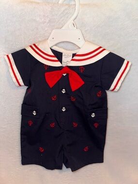 Nautical Baby Sailor shorts Romper with Red Bow
3 months